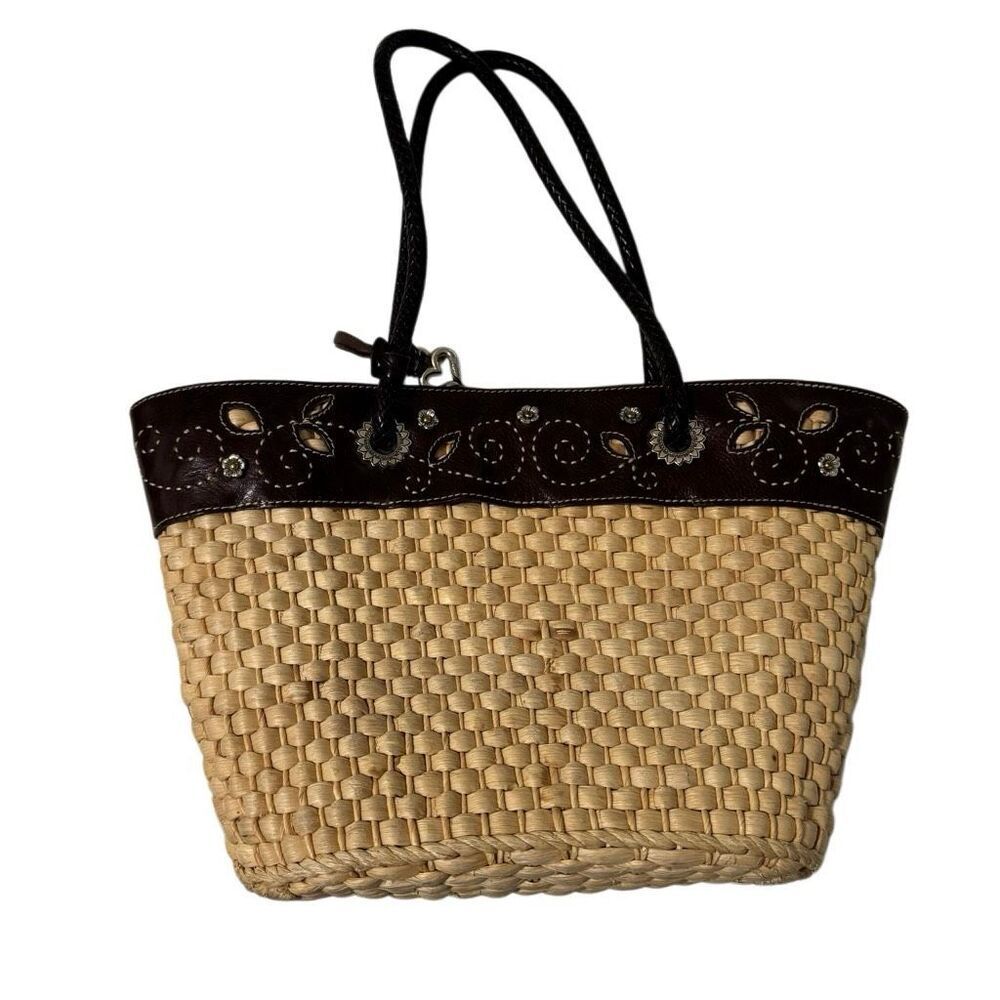 Vintage Brighton Cottage Straw Tote Bag Leather Trim Coastal Boho Purse